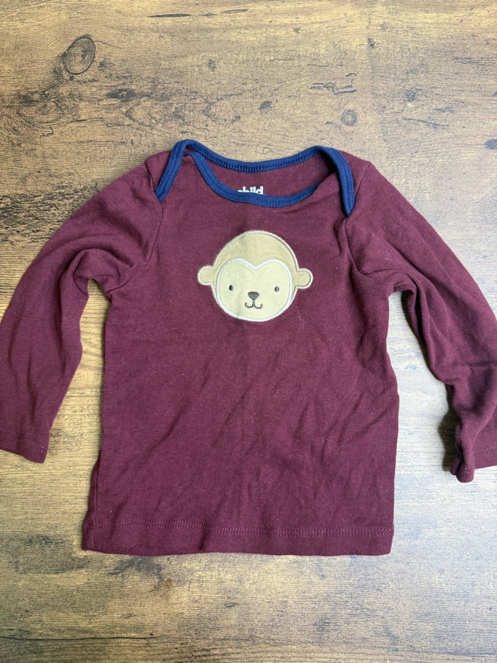 ⭐️5 for $20⭐️Carter's Maroon LS  Tee with Beige Monkey Patch and Navy Trim